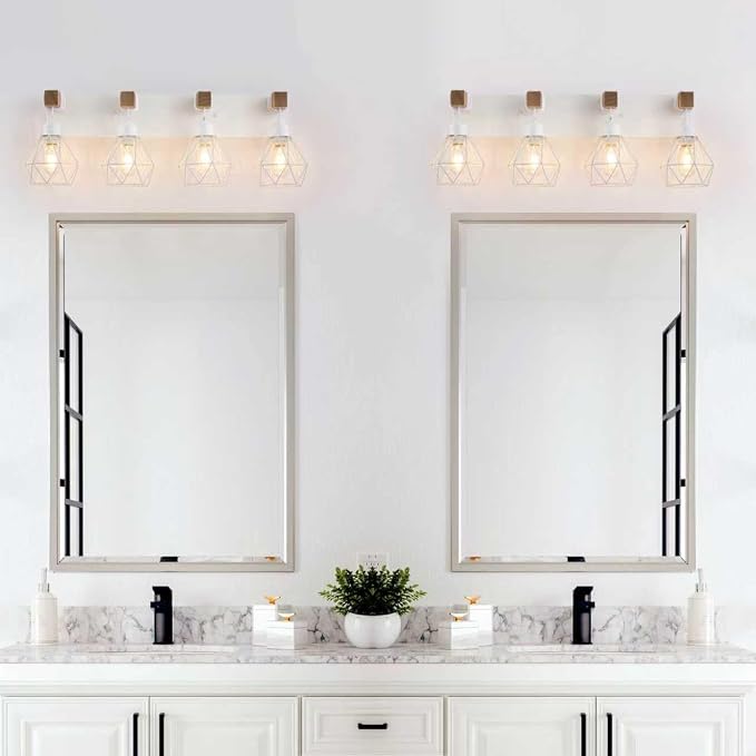 maesta 4 Light Bathroom Vanity Light, Farmhouse White Fixture Over Mirror | Farmhouse Bathroom Light Fixtures, Wood & Metal, Anti-Rust Easy to Install for Rustic Bathroom Hallway