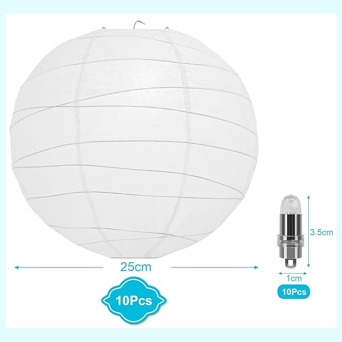 LIHAO 10’’ White Paper Lanterns with Lights, Chinese Lanterns Decorative for Party Decorations Wedding Anniversary Birthday Indoor Outdoor Home