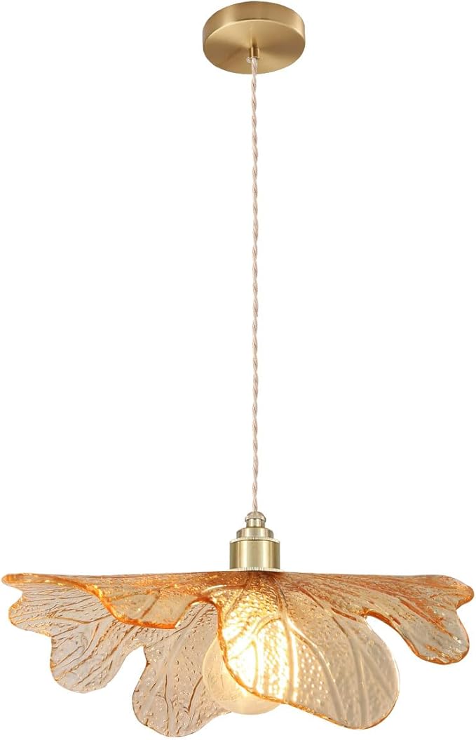Modern Gold Brass Pendant Lights Kitchen Island, 15.74" Large Glass Pendant Light Mid Century Ceiling Hanging Lighting with Amber Hand Blown Glass Shade for Bedroom Dining Room