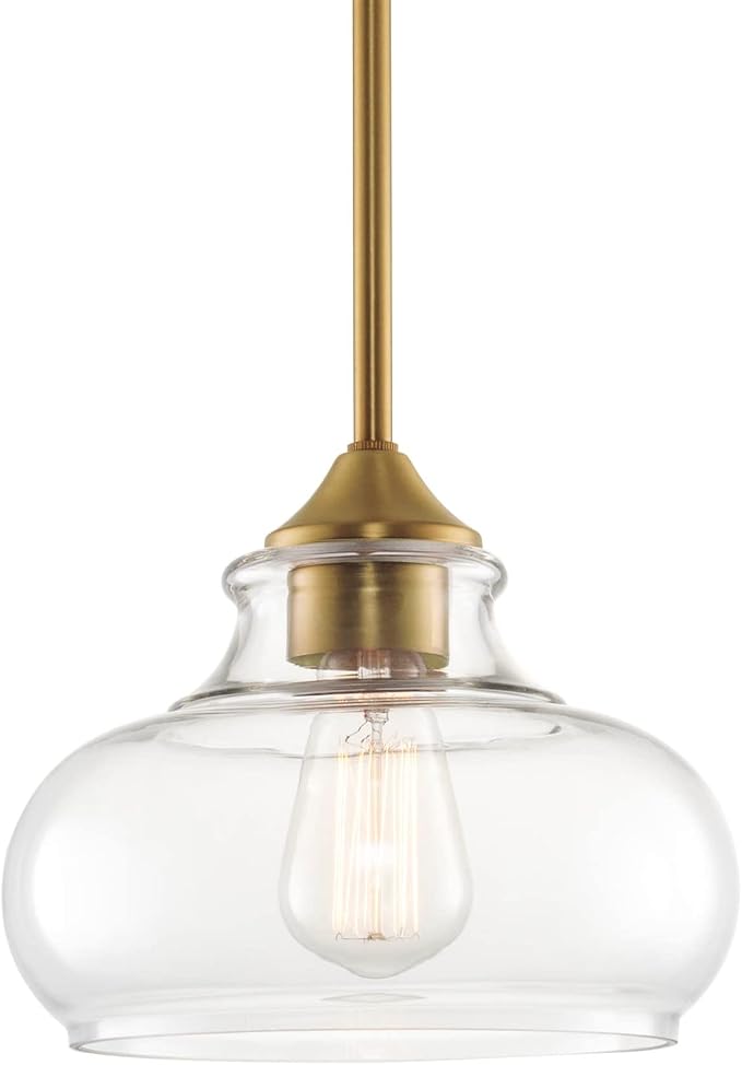 Kira Home Harlow 9" Modern Schoolhouse Pendant Light for Ktichen Island | Clear Glass Shade, Industrial Farmhouse Hanging Fixture, Premium Warm Brass Finish