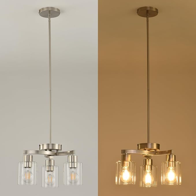 Modern Dining Room Chandelier, 3-Light Brushed Nickel Pendant Light | Industrial Pendant Light, Clear Glass Shade, Adjustable Height, E26, Dimmable