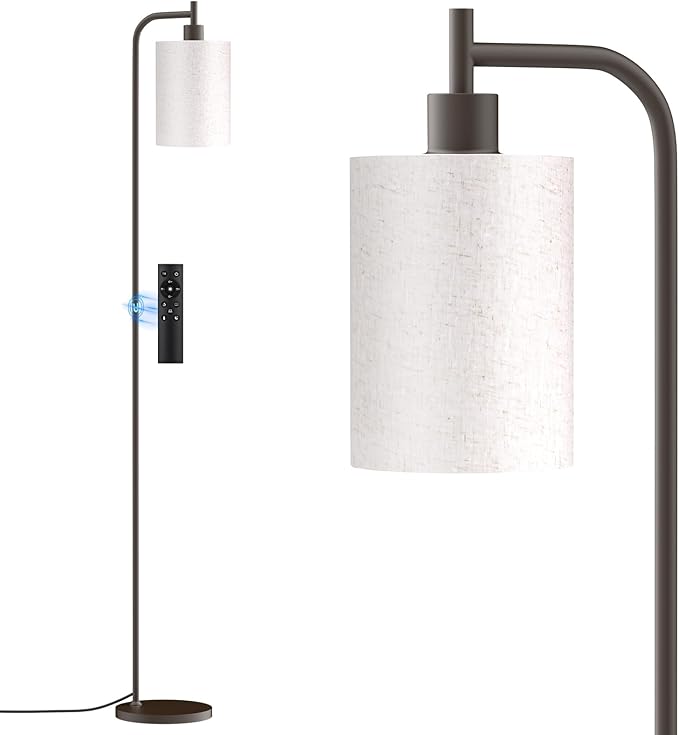 Floor Lamp with Linen Shade, Dimmable Tall Standing Lamp with Remote Control & 3 Color Temperatures, Modern Floor Lamps for Living Room Bedroom Office Corner, 9W LED Bulb Included