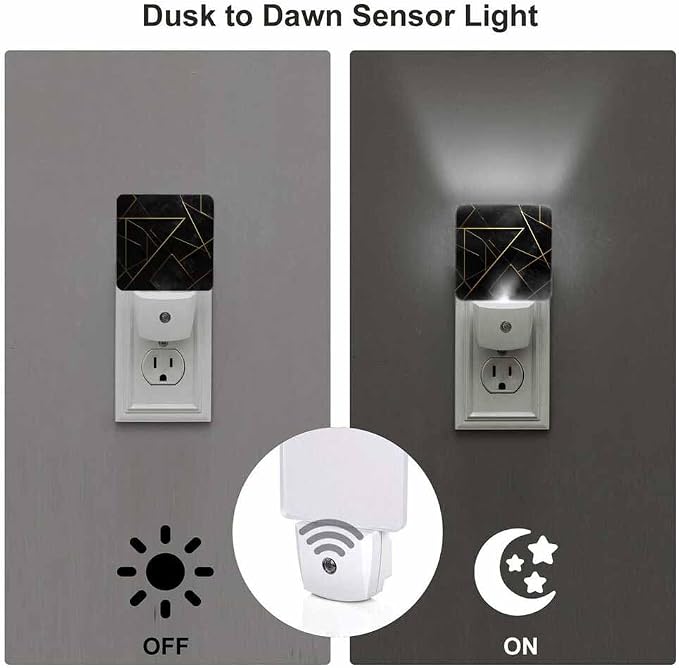 Triangular Gold Trimmed Design Night Light Black Plug into Wall with Dusk to Dawn Light Sensors 0.5W Warm Nightlights for Bedroom Bathroom Hallway