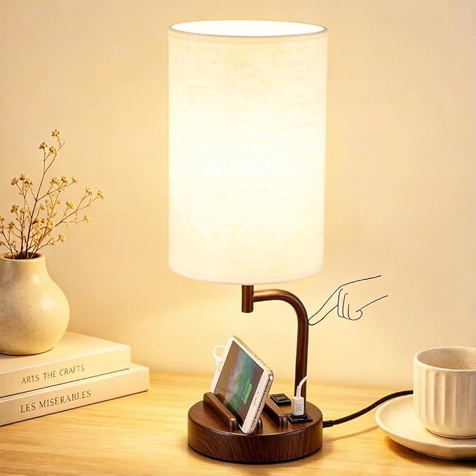Dreamholder Touch Control USB Table Lamp with USB C/A & AC Outlet, 3-Way Dimmable Bedside Lamp, Modern Nightstand Lamps for Bedroom Living Room Guest Room Office, Bulb Included, Walnut