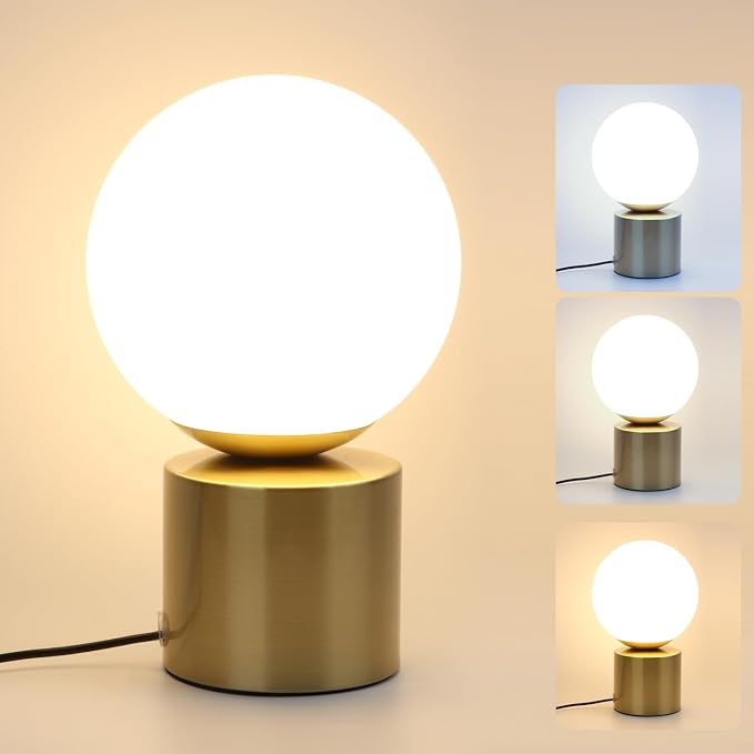 Modern Small Table Lamps,Opal Glass Bedside Table Lamp Gold | LED Dimmable with 3 Colors Desk Lamp,Gold Bedside Desk Lamp for Bedroom Living Room Nightstand Simple Design Small Lamp