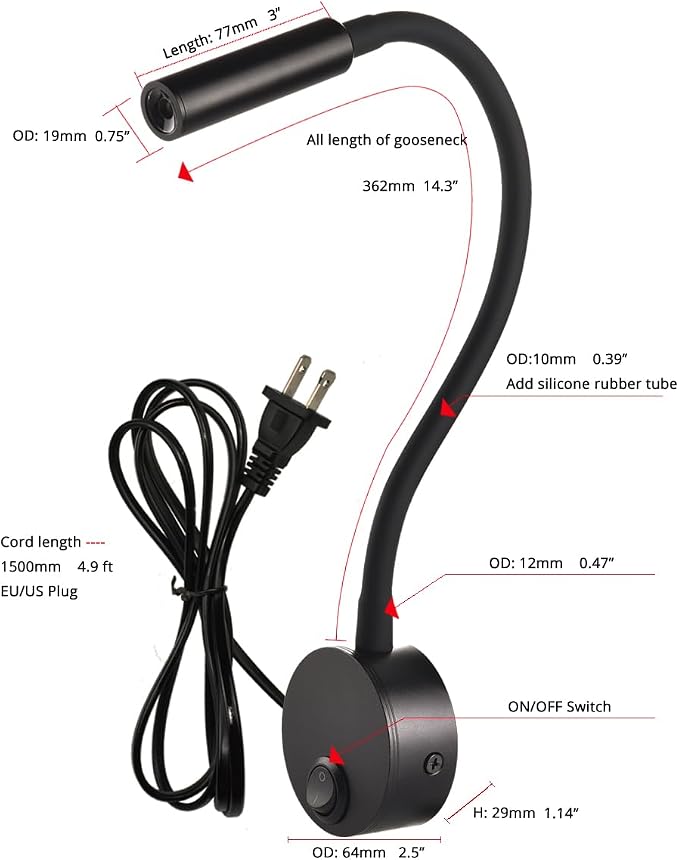 2-Pack Wall Mounted LED Reading Lamp Focused 25° Spotlight for Bedroom headboard Marine Cabin Boat Yacht Interior Light Hotel Suite Hospital Patient Room Bedside Sconce 4.92ft Cord