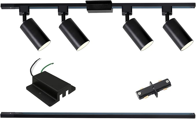 4-Light LED Track Lighting Kit with 3.3FT H Type Track Lighting Rails and Floating Canopy Connector, Modern Kitchen GU10 Track Lighting Fixtures Ceiling Spot Light, Black (No Bulbs)