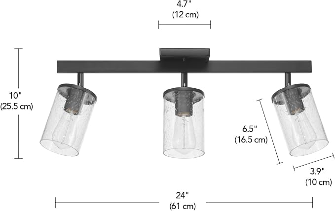 Globe Electric 64000117 24" 3-Light Track Lighting, Matte Black, Seeded Glass, Pivoting Track Heads, Lighting for Kitchen, Bathroom, Bedroom, or Dining Room, Living Room Ceiling Lights, Light Fixture