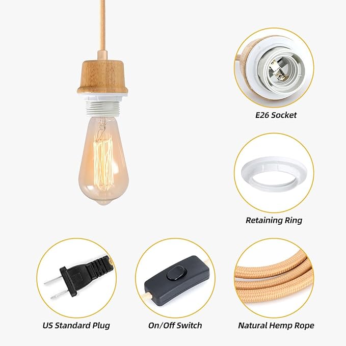 Plug in Pendant Light Cord, 15FT Weaved Plug in Hanging Light Cord Kit | Pendant Light Socket with On/Off Switch, Farmhouse Hanging Lights with Plug in Cord, E26 E27 Light Socket Cord, No Bulb