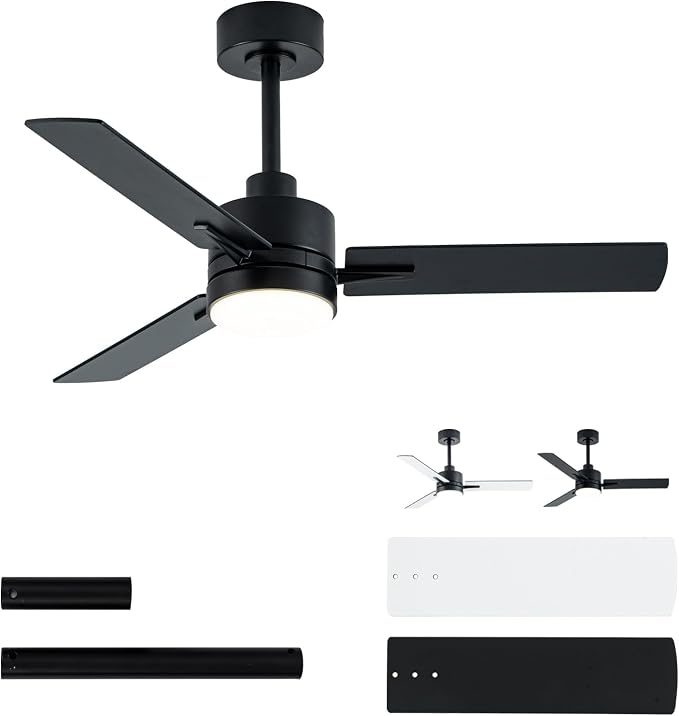 LANMEL Metal Ceiling Fan with Lights and Remote, 42 Inch, Black | Modern Low Profile Flush Mount, Reversible, 3CCT Dimmable, Quiet, LED, For Bedroom, Living Room, Indoor/Outdoor Patio Use