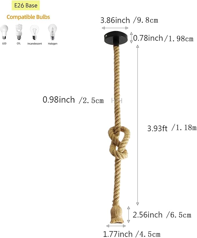2 Pack Hemp Rope Pendant Light Kit - 3.7ft Vintage Farmhouse Hanging Cord with E26/E27 Socket, Adjustable Single Head Ceiling Light for Kitchen Island, Cafe, Bar, Tea House & Industrial Decor