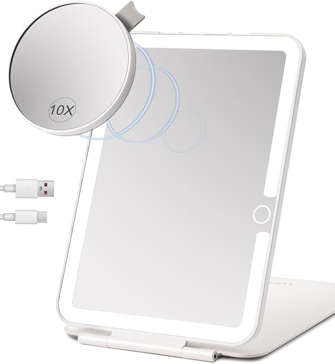 Rechargeable Travel Makeup Mirror with Light,7x5 inches Portable Lighted Vanity Mirror with Small 10X Magnifying, LED 3 Color Dimmable, Tabletop Folding Compact Mirror