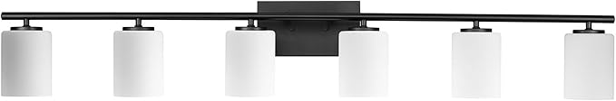Progress Lighting Replay Collection 48 in. 6-Light Textured Black Etched White Glass Modern Bath Vanity Light