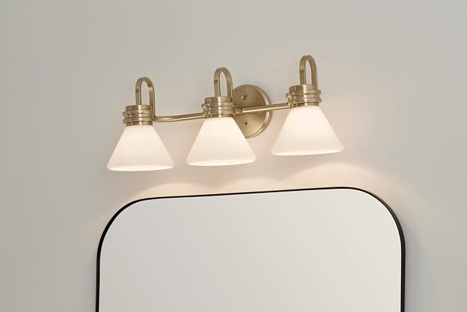Kichler Farum 3-Light Bathroom Vanity Light, Champagne Bronze | Modern vanity light with opal glass for bathroom mirrors (26" x 9.5"), 55155CPZ
