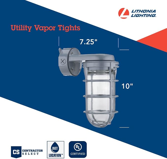 Lithonia Lighting Incandescent Vapor Tight Jelly Jar Light 150W 120V Grey | Utility Wall Lamp, Industrial Style Wall Light for Indoor and Outdoor Use, Includes Junction Box (VW150I M12)