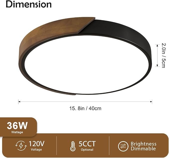 Modern LED Ceiling Light, Brown Walnut Wood Minimalist Flush Mount Ceiling Light Fixture, Dimmable Circle Lighting Lamp with Acrylic Lampshade for Bedroom Hallway Laundry 15.8"