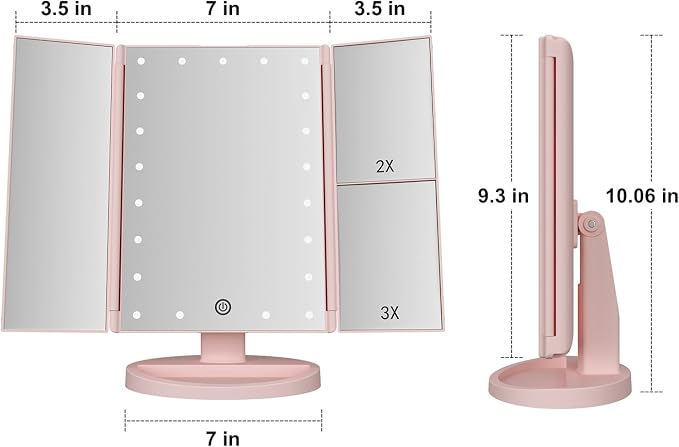 Infitrans Trifold Makeup Mirror Vanity Mirror with Lights,1X 2X 3X Magnification,Touch Control,Adjustable Rotation,Dual Power Supply,Portable Travel Cosmetic Mirror,Birthday Gifts for Women,Teengirls