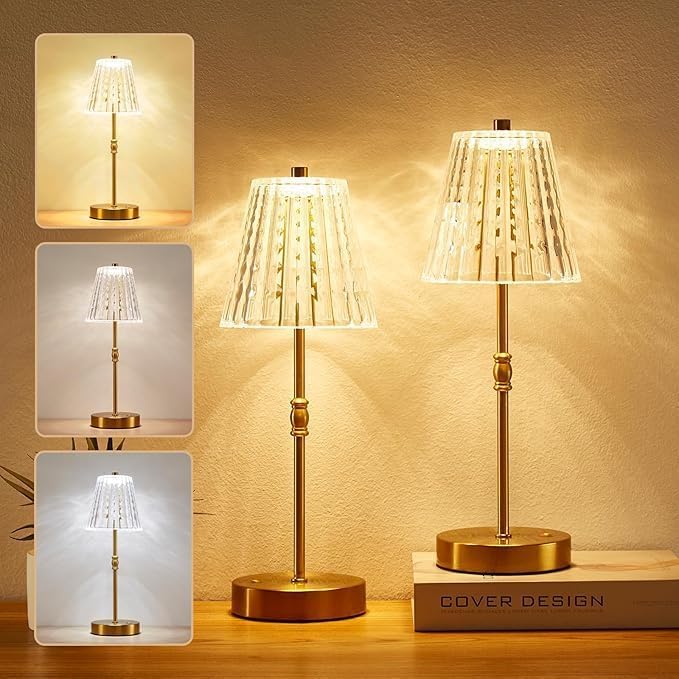 SAIWEYA Cordless Table Lamp Battery Operated Touch Dimming Crystal Lamp | 3 Colors Modes, Rechargeable LED Desk Lamp Night Light for Bedroom, Kitchen, Bar, Office