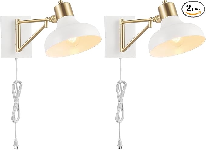 GLOBE Electric 51344 1-Light Plug-in or Hardwire Swing Arm Wall Sconce, White, Brass Accents, White-Cloth Cord, Mounted Bedside Lamp, Kitchen Sconces Wall-Lighting, Bulb Not Included (Pack of 2)