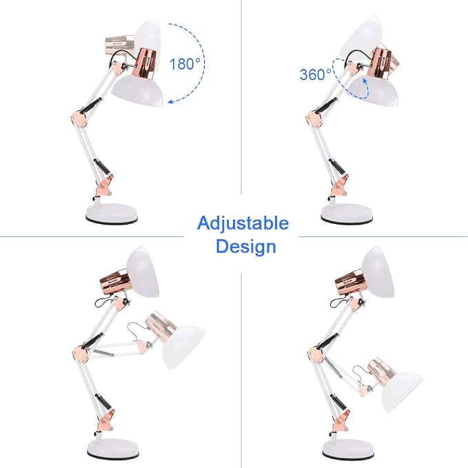 PowerKing Metal Swing Arm Desk Lamps with Base & Clamp, White Rose Gold | Adjustable Architect Lamp, On Off Switch, Fits E26 E27 Bulbs, Eye-Caring Reading Light, for Home Office Work Study