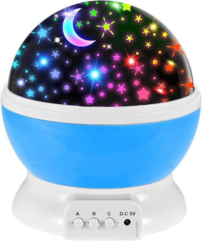 LED Lights USB or Battery Night Light,Bedroom Lights Stars and Moon Night Light for Kids, Stars and Moon Projector Color Changing Lights,Rotating Portable Room Projector Birthday Gifts.（Blue）