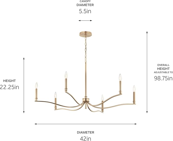 Kichler Malene 6-Light Chandelier, Updated Traditional Light in Champagne Bronze, Sloped Ceiling Compatible, for Foyer, Dining Room or Living Room (22.25" x 42"), 52696CPZ