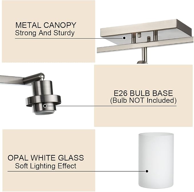 6-Lights Track Lighting Ceiling, Ceiling Spotlight Fixtures Brushed Nickel Bathroom Vanity Lighting with Opal White Glass, E26 Bulb Base