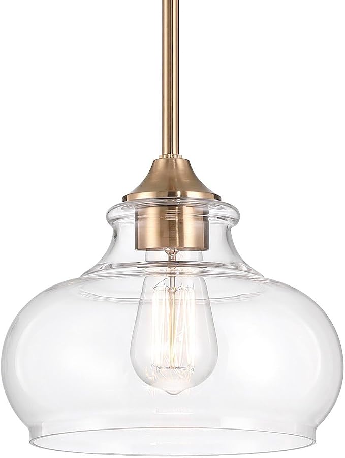 Kira Home Harlow 9" Modern Schoolhouse Pendant Light for Ktichen Island | Clear Glass Shades, Industrial Farmhouse Gold Hanging Fixture, Premium Cool Brass Finish