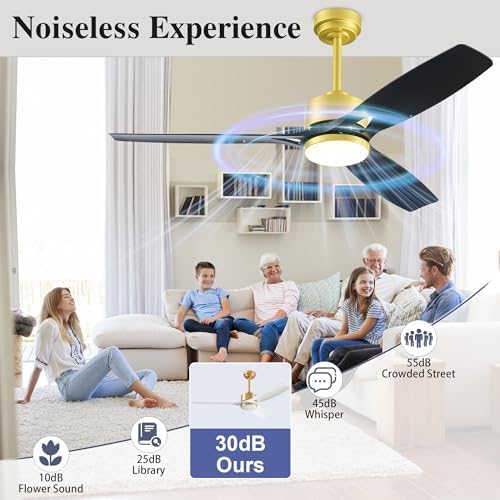 Ceiling Fans with Lights and Remote - 52 Inch Smart App Control Modern Low Profile Fandelier - Flush Mount for Living Room, Bedroom, Farmhouse - 35w Led Lighting Bulb - Quiet DC Motor - Black Gold