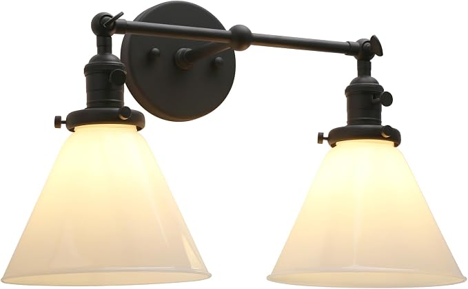 Double Sconce Vintage Industrial Black 2-Lights Wall Sconces with Funnel Flared Glass Milk Glass Shade Antique Scocne for Bathroom Living Room Home Office