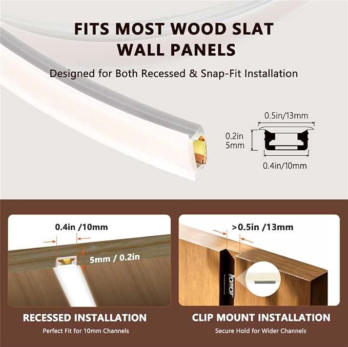 VST 16.4ft Silicone Recessed LED Strip for Wood Slat Wall Panels, 24V | 2700K-6500K Tunable White, CRI 90+ Dot-Free, RF Remote & Touch Control, Cut-to-Fit, Quick Connectors, Dual Mount
