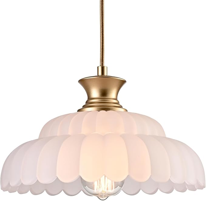 HYDELITE Vintage Frosted Glass Pendant Lights Kitchen Island Lighting | Brass Over Kitchen Sink Adjustable Hanging Pendant for Dining Room Kitchen Entryway