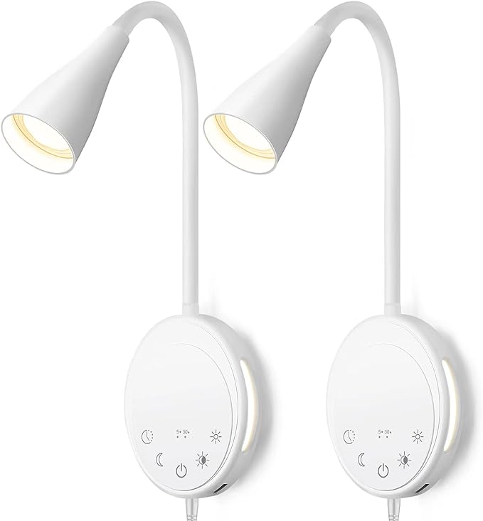 LED Wall Mount Reading Light, Bedside Reading Lights with Touch Control, 5 Dimmable, USB Output, Night Light & Timers, Flexible Gooseneck Headboard Bed Lights Wall Sconce (White-2P)