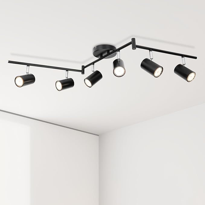 6-Light Track Lighting Fixtures Ceiling, GU10 Black Led Ceiling Spotlight, Modern Track Light Kit for Kitchen Hallway Bedroom Living Room