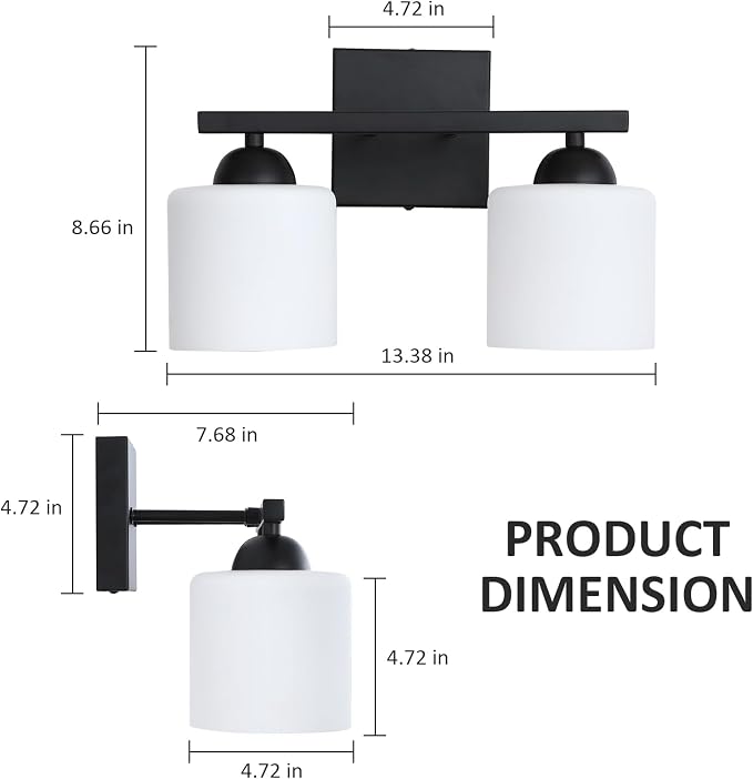2-Light Matte Black Vanity Light, Modern Bathroom Light Fixtures Over Mirror, Vanity Light with Milky White Glass Shades, Farmhouse Black Wall Sconce, E26 Socket
