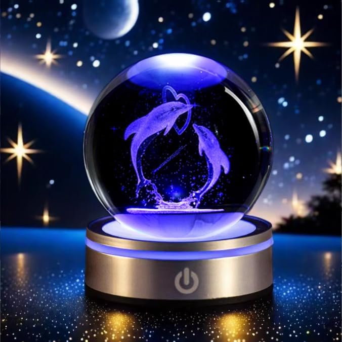 80mm 3D Laser Engraved Dolphin Crystal Ball, Romantic Dolphin & Heart LED Night Light, Sea Animal Figurines Decor Glass Sphere Lamp Gifts for Women Kids Mom
