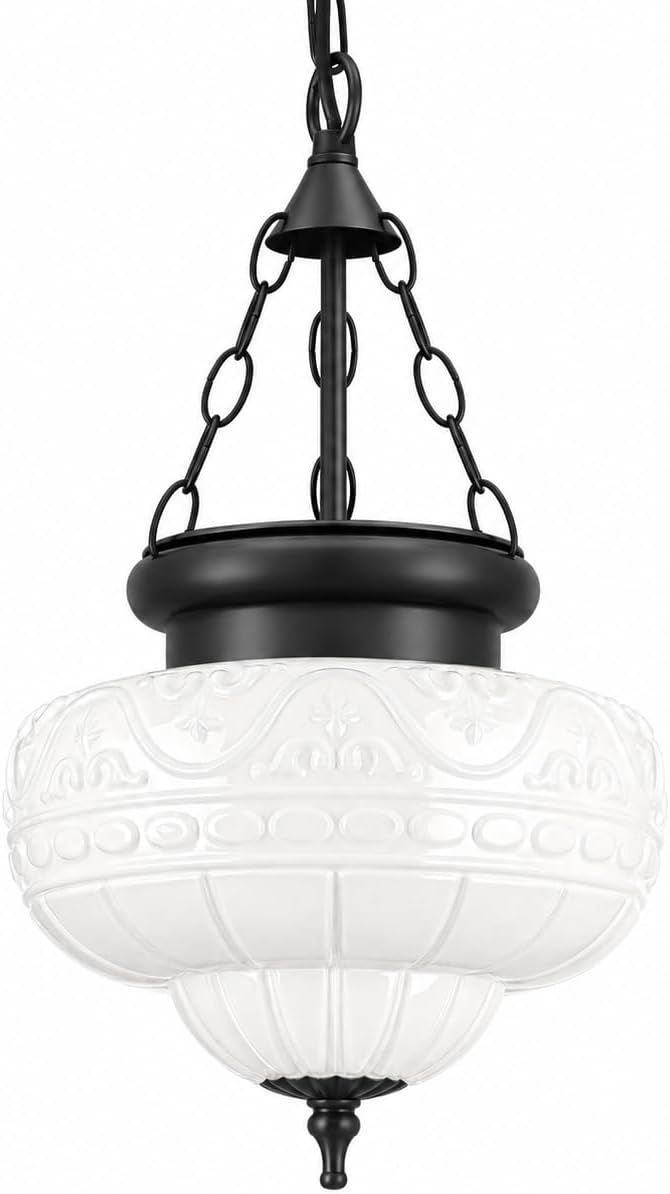 Vintage Matte Black Pendant Light for Kitchen Island, Handblown Textured Milky Glass Hanging Light Fixture, Adjustable Height E26 Pendant Lighting for Dining Room Entryway Hallway