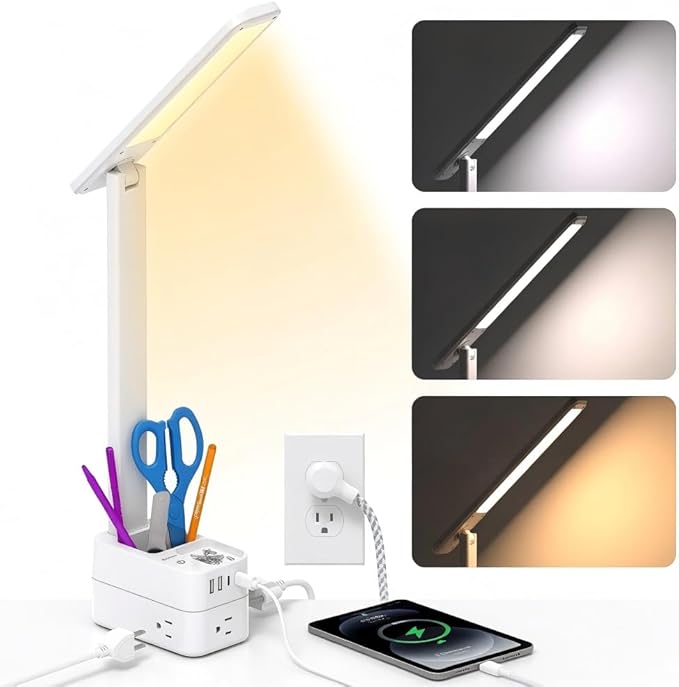 Addtam Desk Lamp with Pen Holder, LED Desk Lamps for Home Office, Power Strip with 3 Outlets 4 USB Charging Ports(2 USBC), 3 Color Modes Touch Lamp, Study Lamps for College Dorm Room Essentials, White