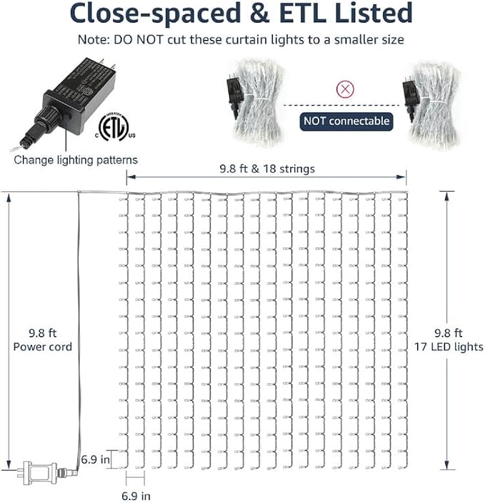 Lighting EVER 306 LED Curtain Lights, 10×10 ft Plug in Hanging Fairy Lights | 18 Hang Down String Lights, 6.9" Apart, High Density Backdrop Lights, Large Size, 8 Modes, Warm White, Not Connectable