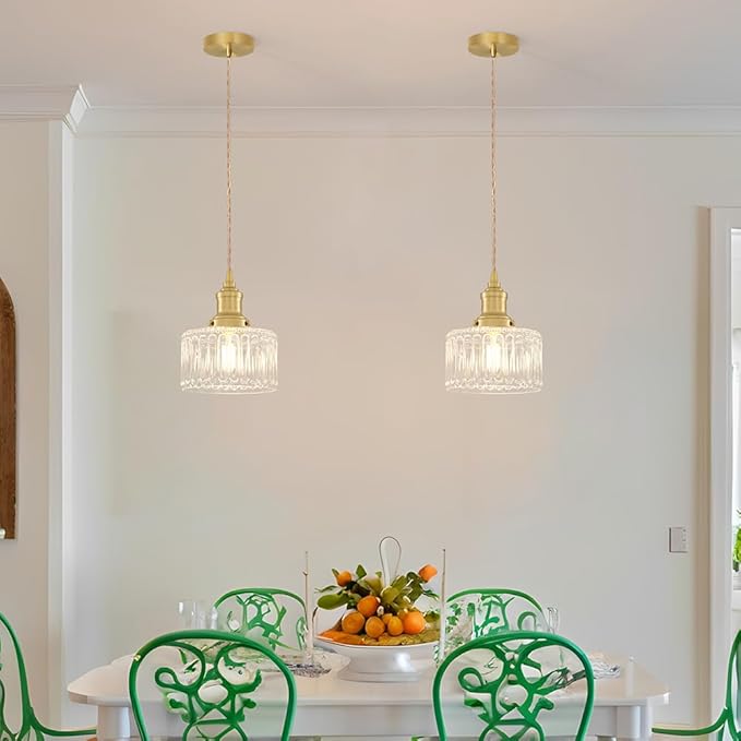 6.9in Vintage Pendant Lights for Kitchen with Clear Striped Glass Shade, Brushed Gold Pendant Lights Kitchen Island, Small Light Pendant Adjustable Hanging Light for Entrance Bedroom Hallway Home