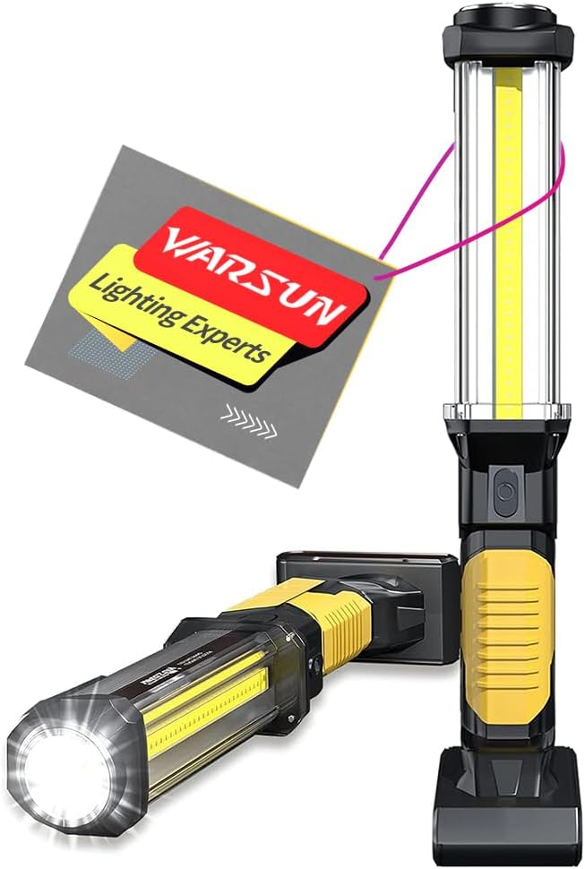 WARSUN Rechargeable COB LED Work Light-Magnetic Hands-Free Trouble Light with Hook, IPX4 Waterproof for Garage Repair, Mens Gifts-Emergency Light Tool for Adults Men Dad (Yellow)