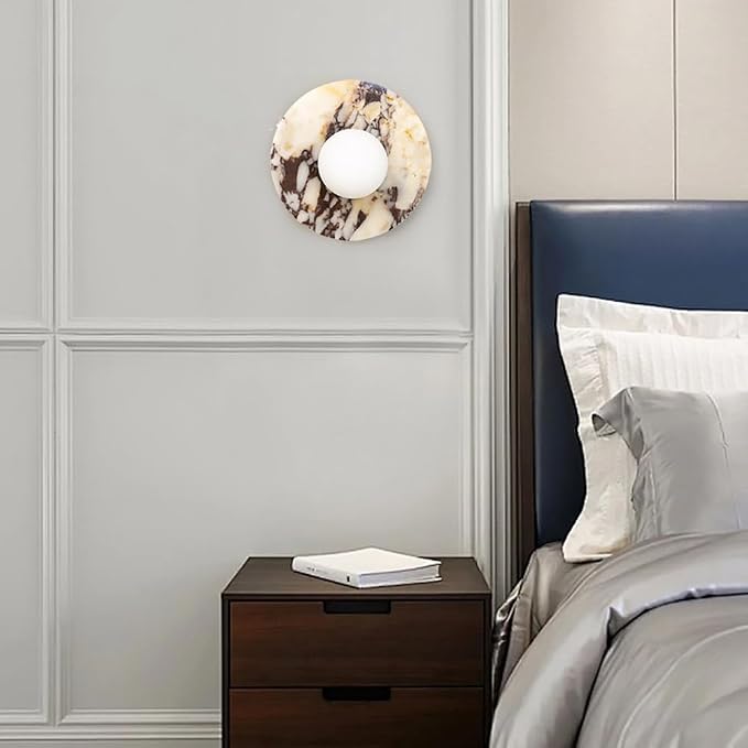 Alabaster Wall Sconces, 7.8 Inch Nordic Style Natural Stone Wall Lamp Round Marble Sconces Wall Lighting with Globe Glass Shade, Hardwired Indoor Wall Lights for Living Room Bedroom Hallway Stairs
