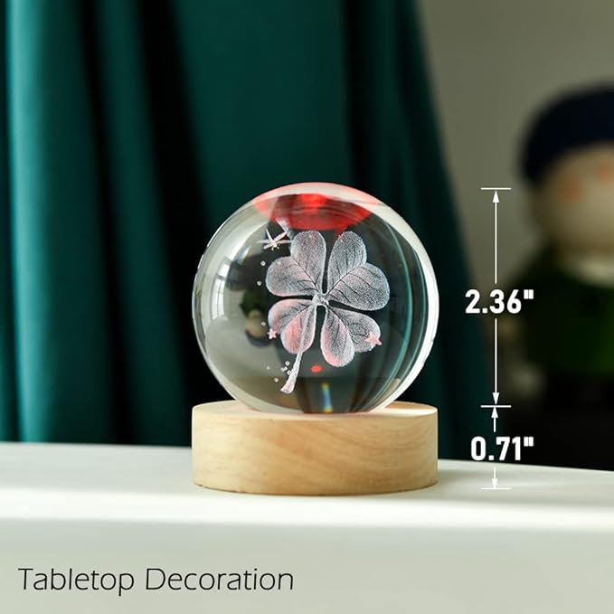 IFOLAINA 3D Four-Leaf Clover Crystal Ball 60mm Good Luck Gifts Ideas with Multicolor Lighting Base St Patricks Day Gifts for Women Men Decorative Globes Room Decor