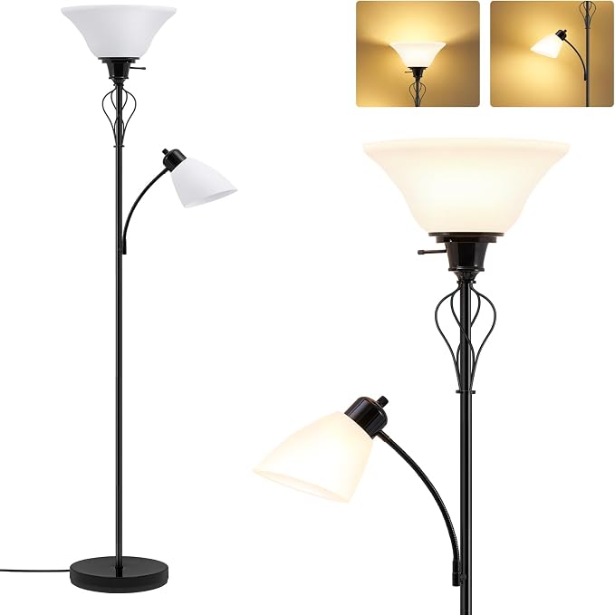 Floor Lamps for Living Room, 70" Tall Torchiere Floor Lamps, Plastic Shade | Tall Lamp with Adjustable Gooseneck Reading Light, Modern Corner Standing Lamp for Bedroom, Office, Separate On/Off Switch