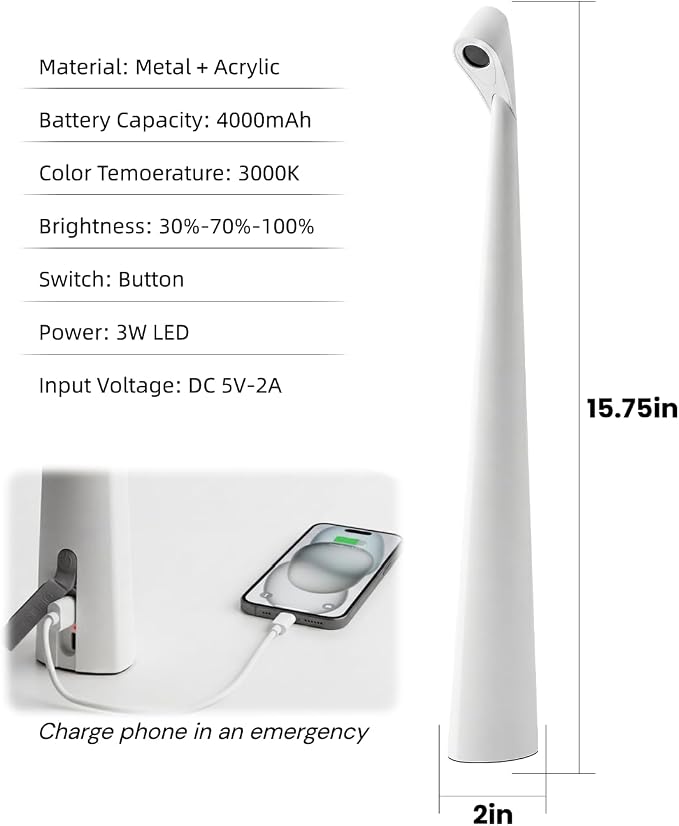 Cordless LED Table Lamp, 4000mAh Rechargeable Portable Desk Lamp, 3-Level Brightness, Bedside Night Light, Ambient Reading Light for Restaurant, Bedroom, Outdoor Camping, Night Light, White | 3-Level Brightness, Bedside Night Light, Ambient Reading Lig...
