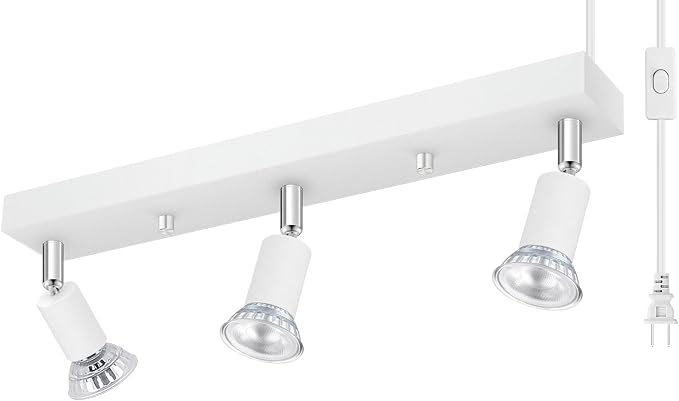 Plug in Track Lighting Kit 3 Light, White Track Light Fixture with Switch and Cord, Adjustable Spotlight Track Head for Kitchen Closet Gallery Wall Wash, Modern Linear Ceiling Light Bar,15ft Cord