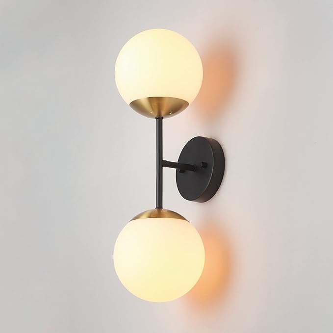 Globe Electric 52079 2-Light Wall Sconce, Matte Black, Antique Brass Accent Socket, Matte Opal Glass Shades, Modern Light for Living Room or Bedroom, Dimmer Switch Compatible, E26 Base