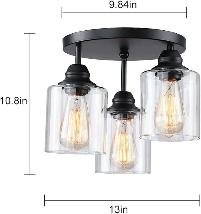 3-Lights Industrial Semi Flush Mount Ceiling Light, Vintage Light Fixture with Clear Seeded Glass Shade