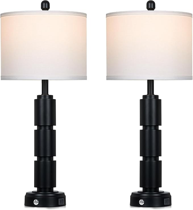 Set of 2 Modern Table Lamps for Living Room Bedroom,29" Tall Bedside Lamp with 2 USB Port,Black Metal Touch Nightstand Lamp for Desk End Side Table Entryway,Black