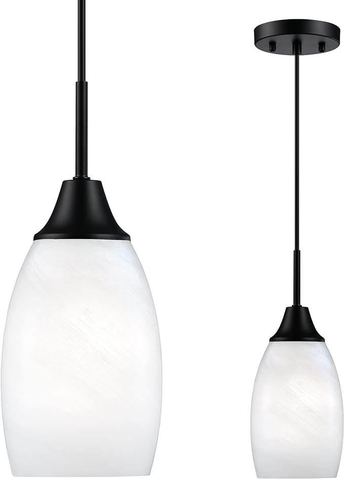 Viinew Mini Glass Pendant Light,1-Light White Oval Glass Hanging Light | 4.72" Handblown White Swirl Art Glass Hanging Pendant Light for Kitchen Dining Room Living Matte Black Metal